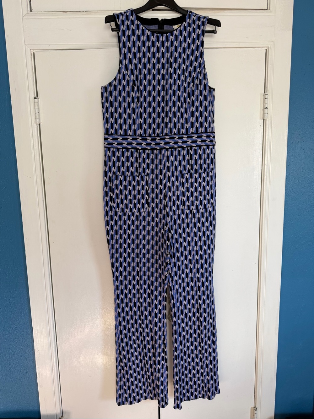 Anthropologie Blue and White Geometric Sleeveless Jumpsuit